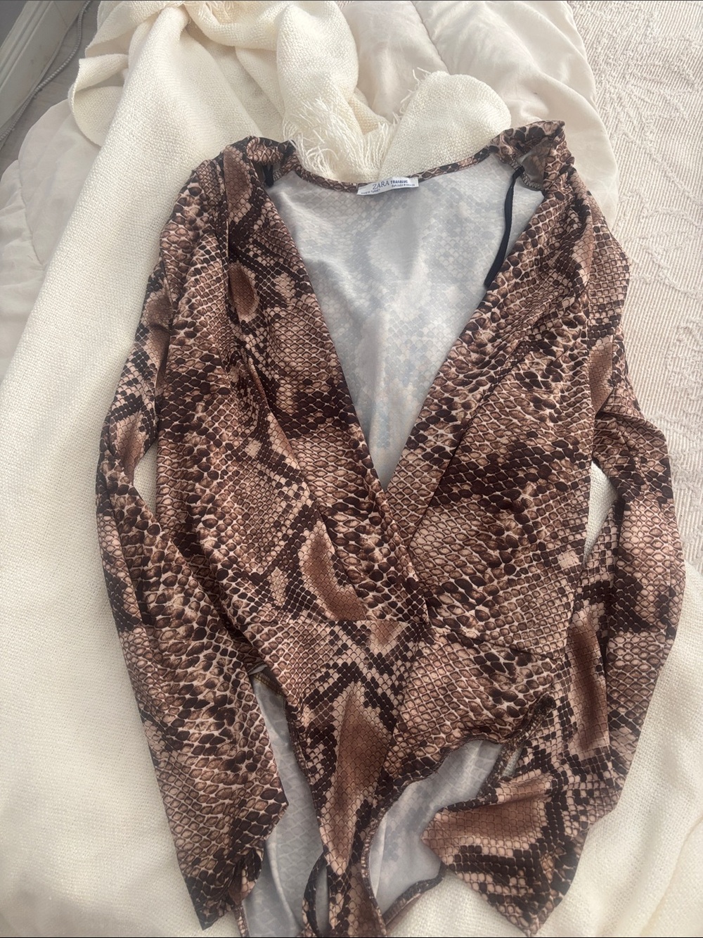 Zara Brown Snake-Print V-Neck Long Sleeve Bodysuit